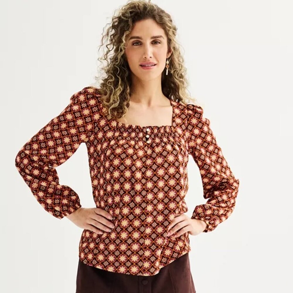 Draper James Allover Geo Print Long Sleeve Squareneck Top Size Small S EUC